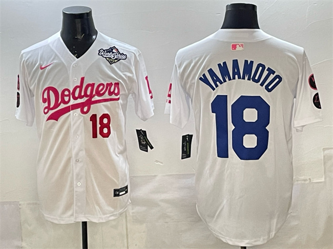 Men's Los Angeles Dodgers #18 Yoshinobu Yamamoto White/Pink 2025 World Series Vin & Kobe Patch Limited Stitched Baseball Jersey Men's Los Angeles Dodgers #18 Yoshinobu Yamamoto White/Pink 2025 World Series Vin & Kobe Patch Limited Stitched Baseball Jersey